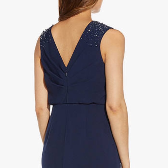 NEW Adrianna Papell NAVY Beaded Shoulder CREPE Blouson EVENING DRESS GOWN 8 - Picture 7 of 11